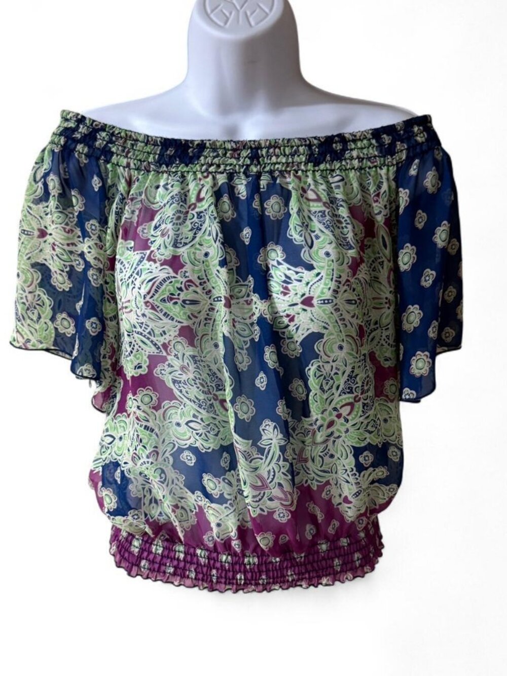 PrimaDonna Blue Green Purple Sheer Off-Shoulder Top M